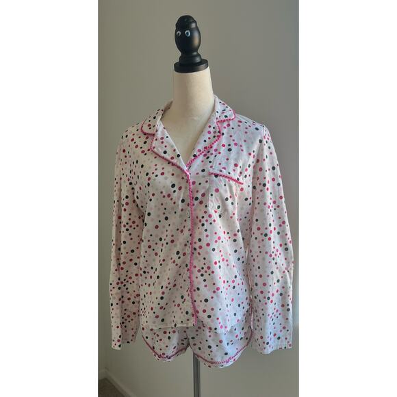 Victoria's Secret Long Sleeve White Pink Black Dots Cotton Pajama Shorts Set S - Picture 1 of 14